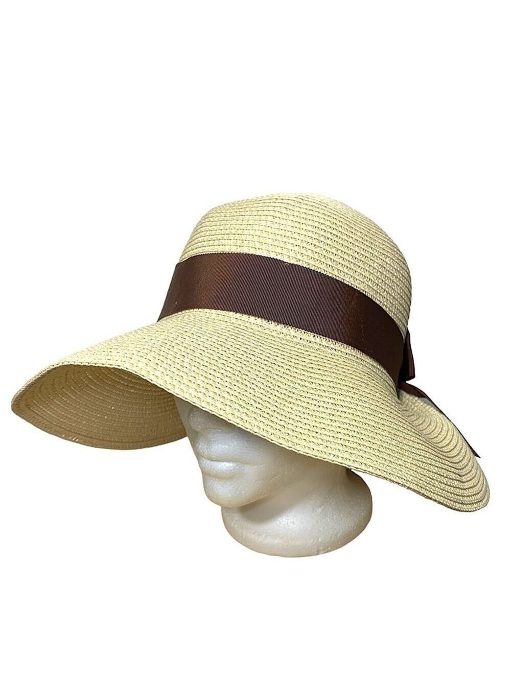 Peter Grimm Straw Hat Wide Brim Brown Bow Ribbon Band Sun Beach Resorts O/S